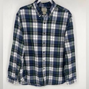 LL Bean Mens Large Cotton Plaid Flannel Button Up Shirt Long Sleeve Winter Blue